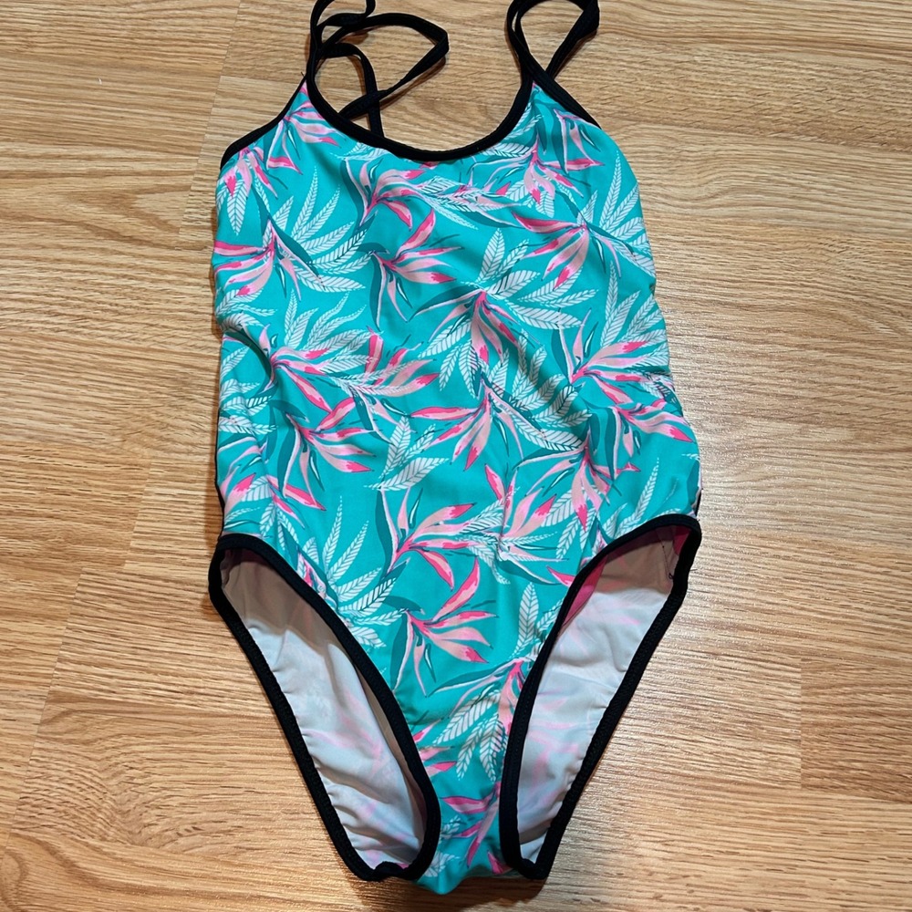 Big Chill Girls Teal Pink Tropical Floral One Piece Swimsuit Mesh‎ Size 14/16